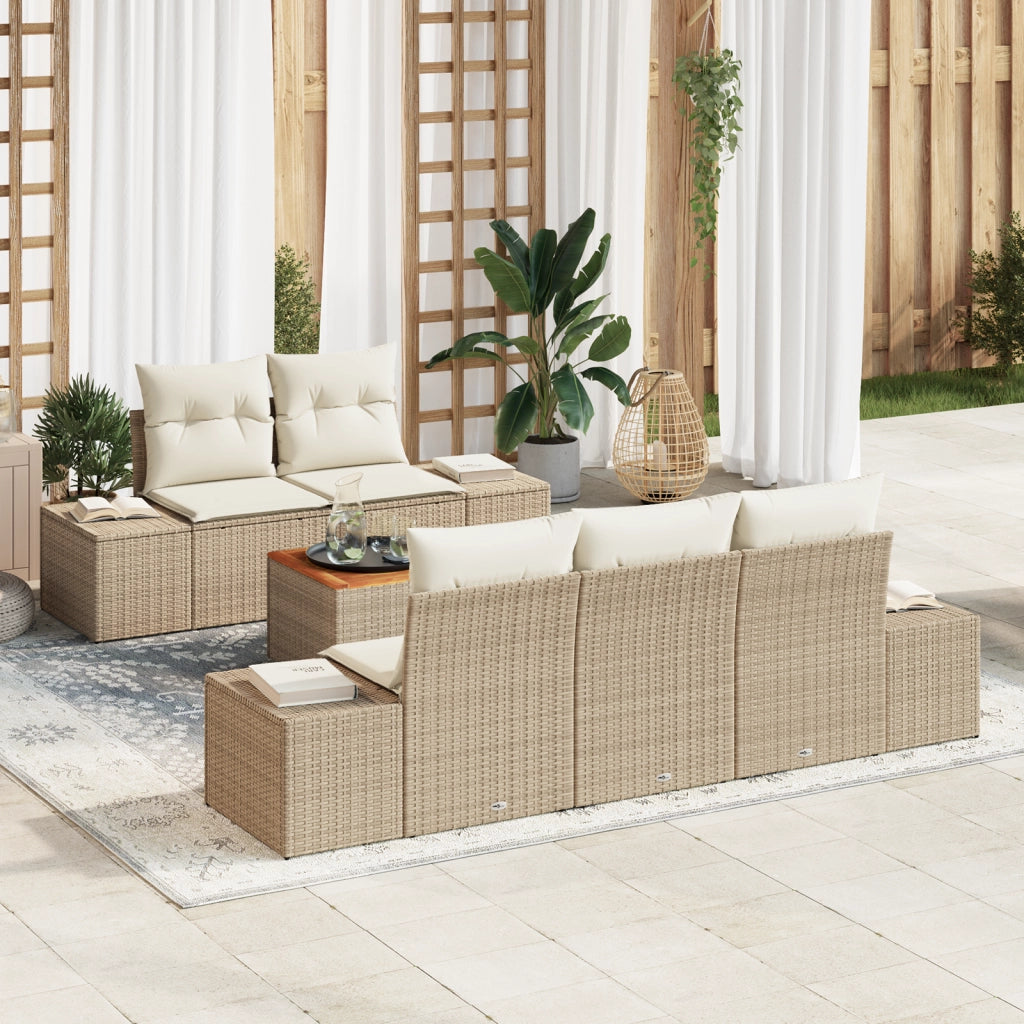 Set Divano Giardino 6 Pezzi con Cuscini Beige Polyrattan Acacia