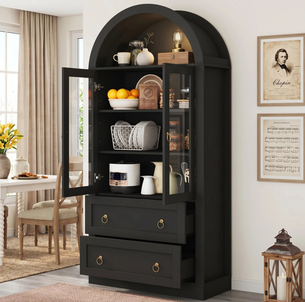 Armadio ad arco 80x36x170 cm con ante in vetro e ripiani regolabili in truciolare nero