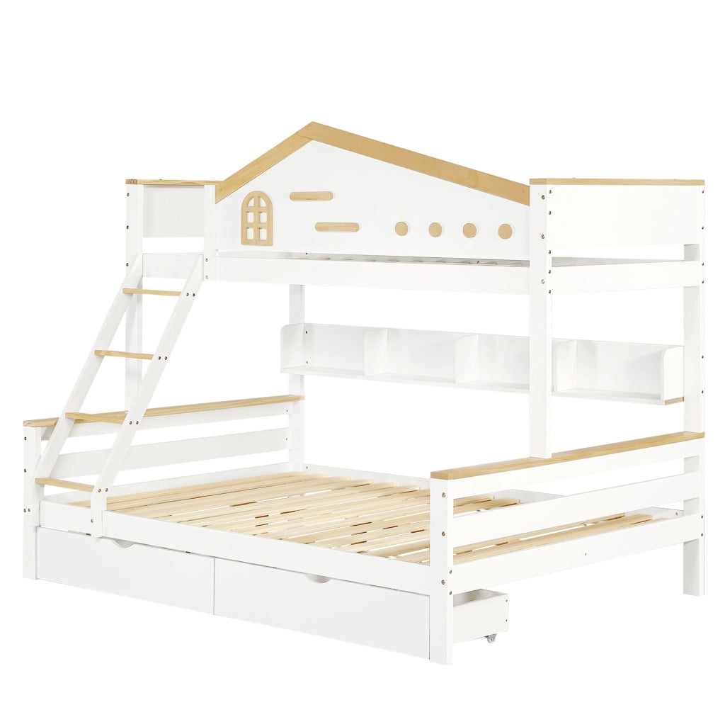 Letto a castello 90x200 cm e 140x200 cm con finestre; scala a 4 gradini e cassetti; bianco naturale