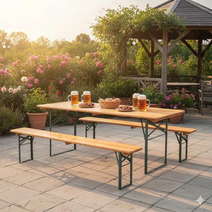 Set Birreria da Giardino Tavolo + 2 Panche Birreria in Legno Struttura in Ferro