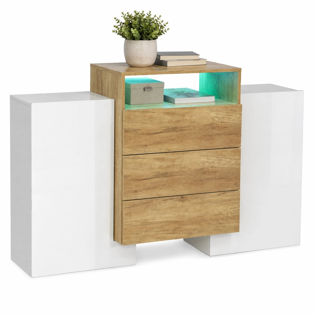 Credenza moderna in MDF bianco lucido e legno con LED multicolore, 140x30x77,5 cm