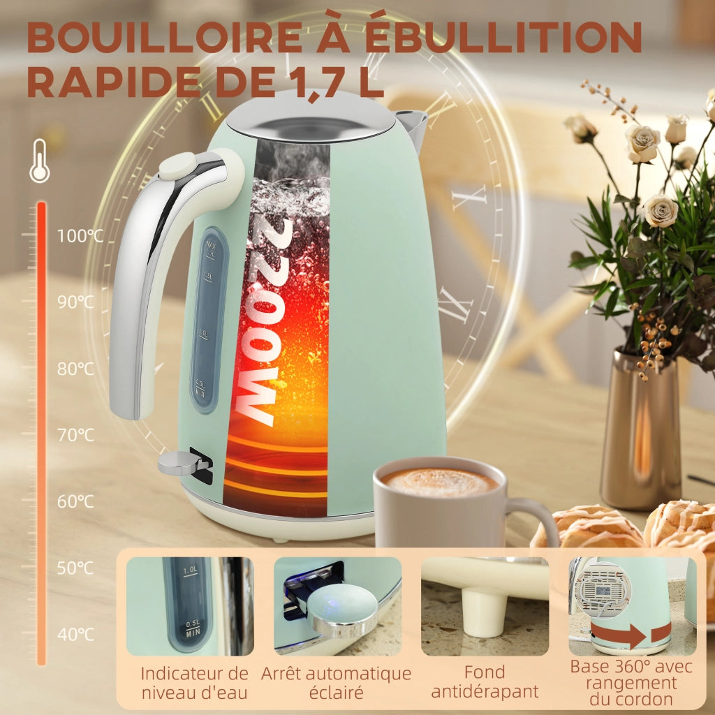 Bollitore e tostapane ¨C zephmum ¨C verde, acciaio inox, 1.7L 2200W