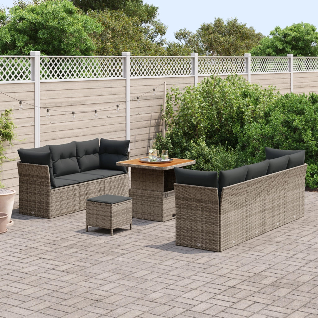 Set divani giardino 10 pezzi con cuscini grigi in polirattan e acacia