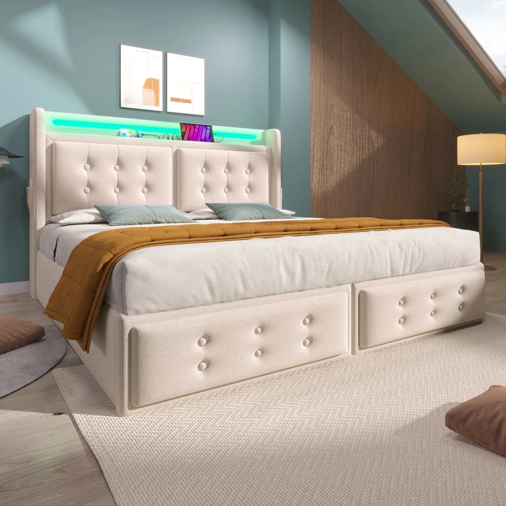 Letto Imbottito Matrimoniale con Testiera LED e USB ¨C MINIMAL ¨C Contenitore Idraulico, Beige, 180x200