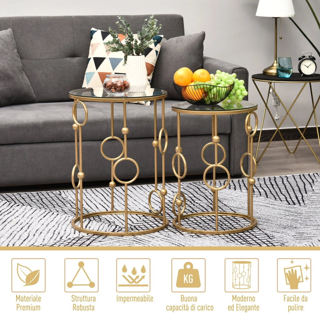 EasyComfort Set 2 Pezzi Tavolini da Caffè Design Elegante con Motivi a Cerchio, Metallo e Vetro Temperato Φ41x57cm & Φ36x51cm, Oro