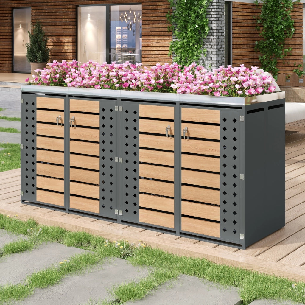 Copribidoni per 4 Contenitori con Ante con Serratura Fioriera Integrata Pannelli Ventilati in Acciaio Grigio