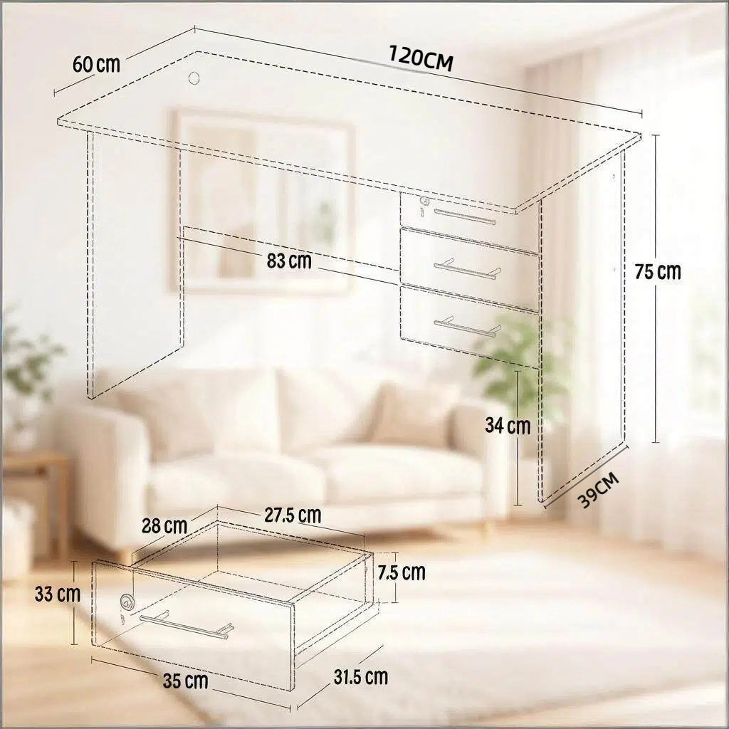 Scrivania lineare con 3 cassetti e serratura, per ufficio e studio, in legno, bianco, 120 × 60 × 75 cm