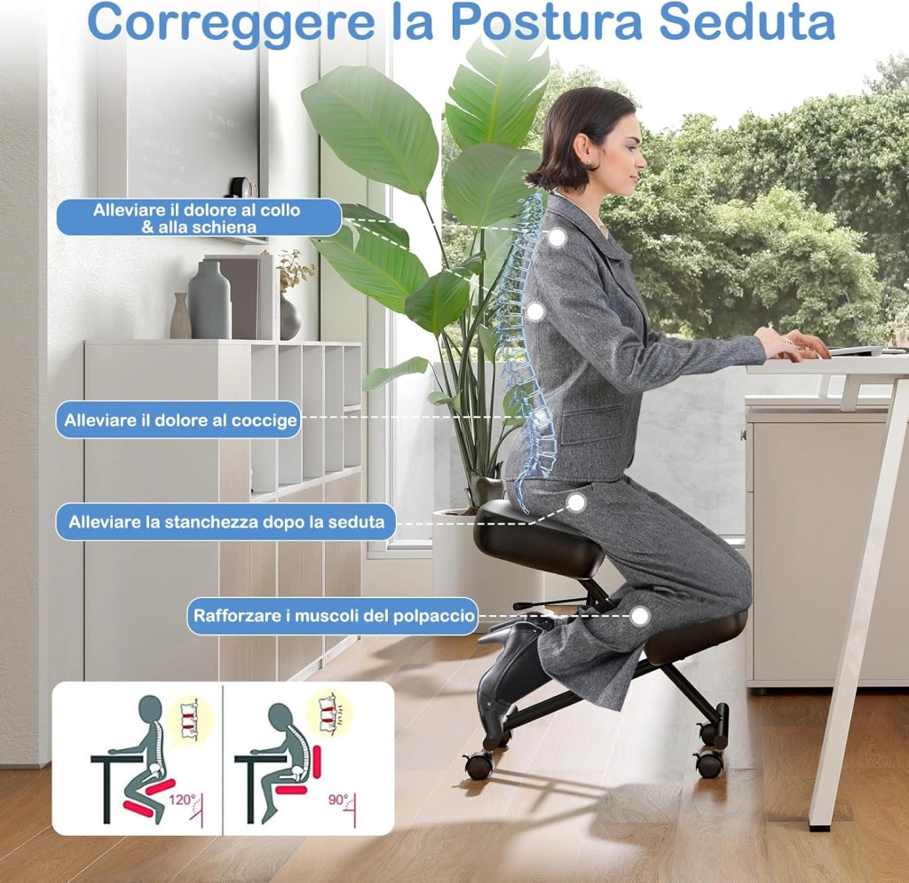 Sedia Ergonomica per Correzione Posturale, 4 Ruote Bloccabili e Supporto per Ginocchia, Sedia da Lavoro con Seduta Regolabile, Carico Fino a 100 kg (Non Schienale)