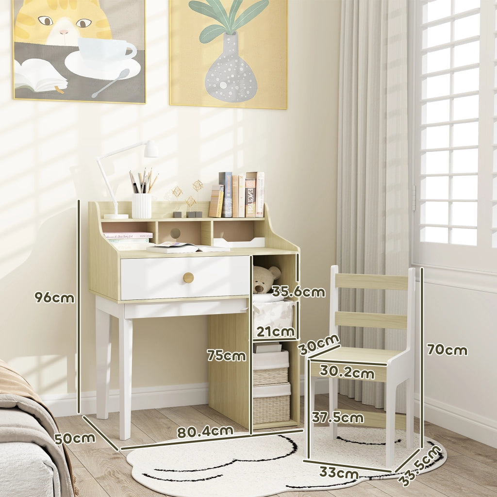 Scrivania per Bambini con Scaffale e Cassetto ¨C zephmum ¨C Bianco e Legno 90x50x75