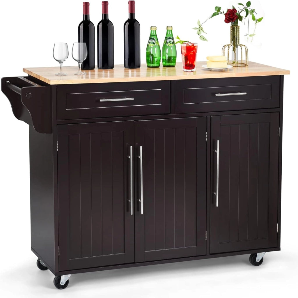 Isola di cucina mobile, carrello da cucina con ruote, 2 cassetti, armadi, portasciugamani e supporto per coltelli, ripiani regolabili, piano di lavoro in legno gomma, 121,5 x 45,5 x 92,5 cm