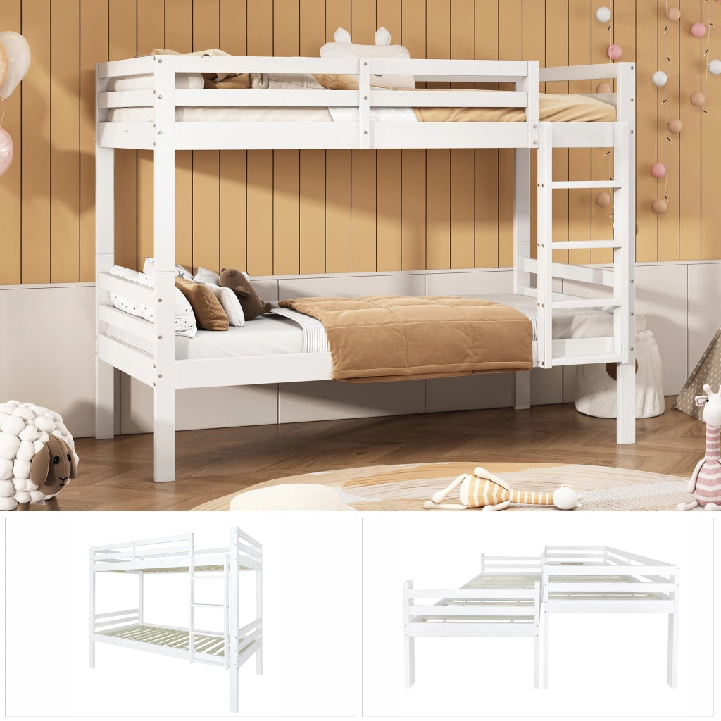 OKWISH Letto a Castello 90×200 cm, Letto Singolo 2 Posti con Scala ad Angolo, Sponda di Sicurezza e Separabile, senza Materasso, Bianco
