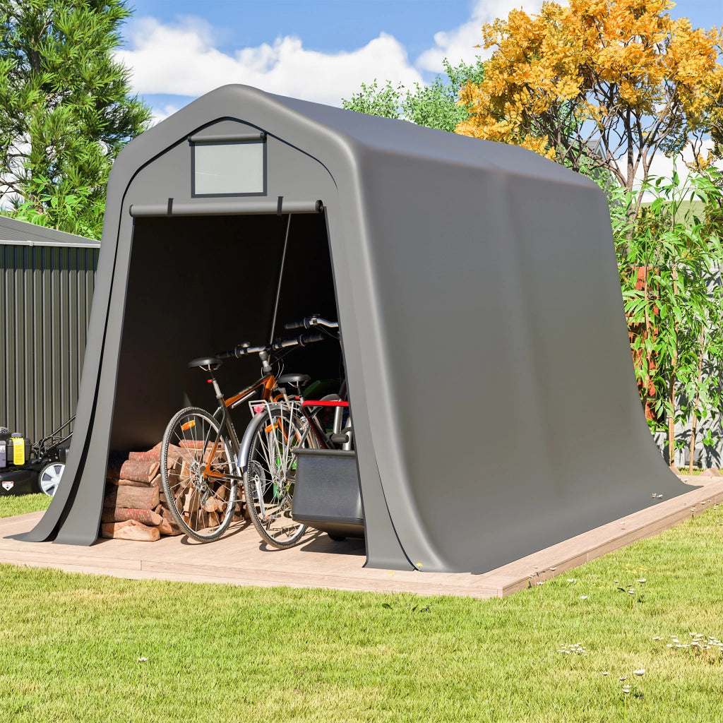 Tenda Garage 366x213x225 cm Grigio Scuro con Telo PE 170 g/m², Tetto a Due Falde e Porta Avvolgibile