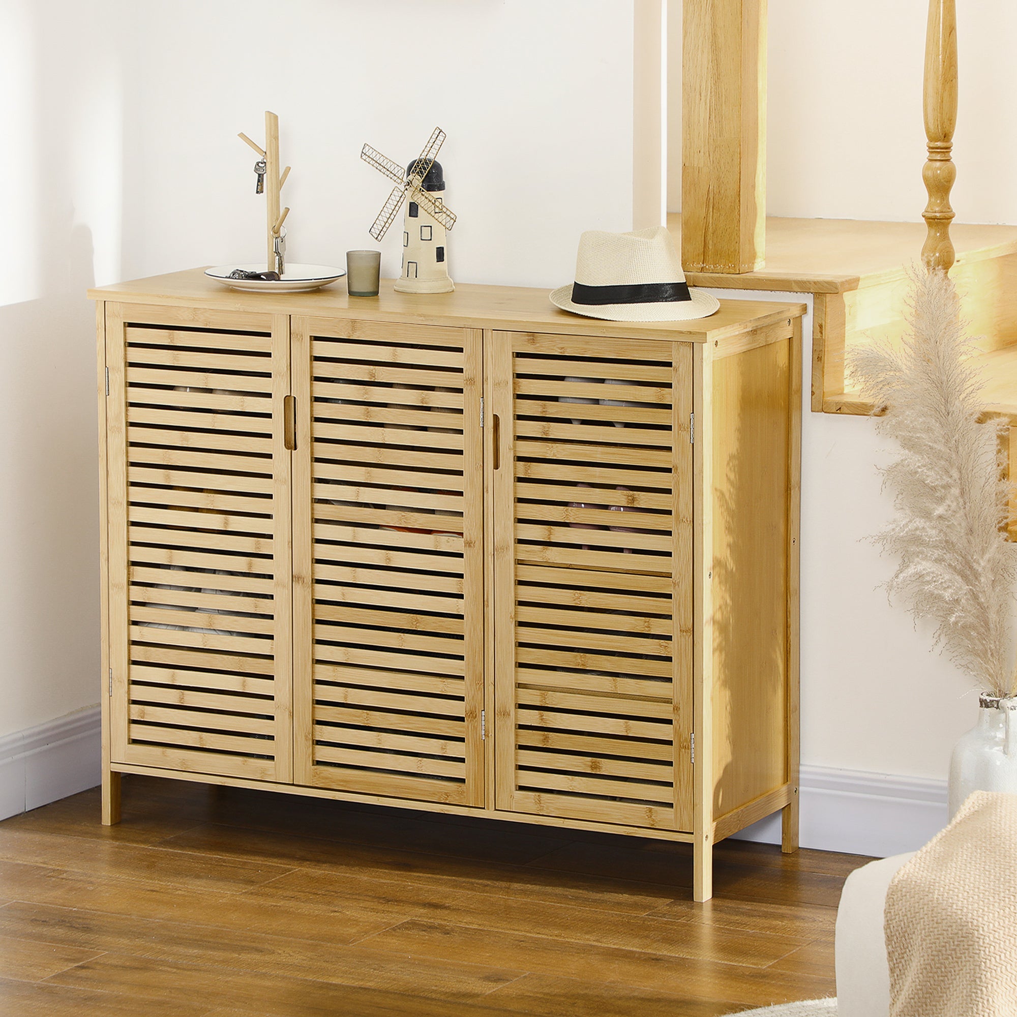 Mobile Scarpiera a 8 Ripiani su 3 Livelli con Maniglie 100x35x80 cm in Bambù