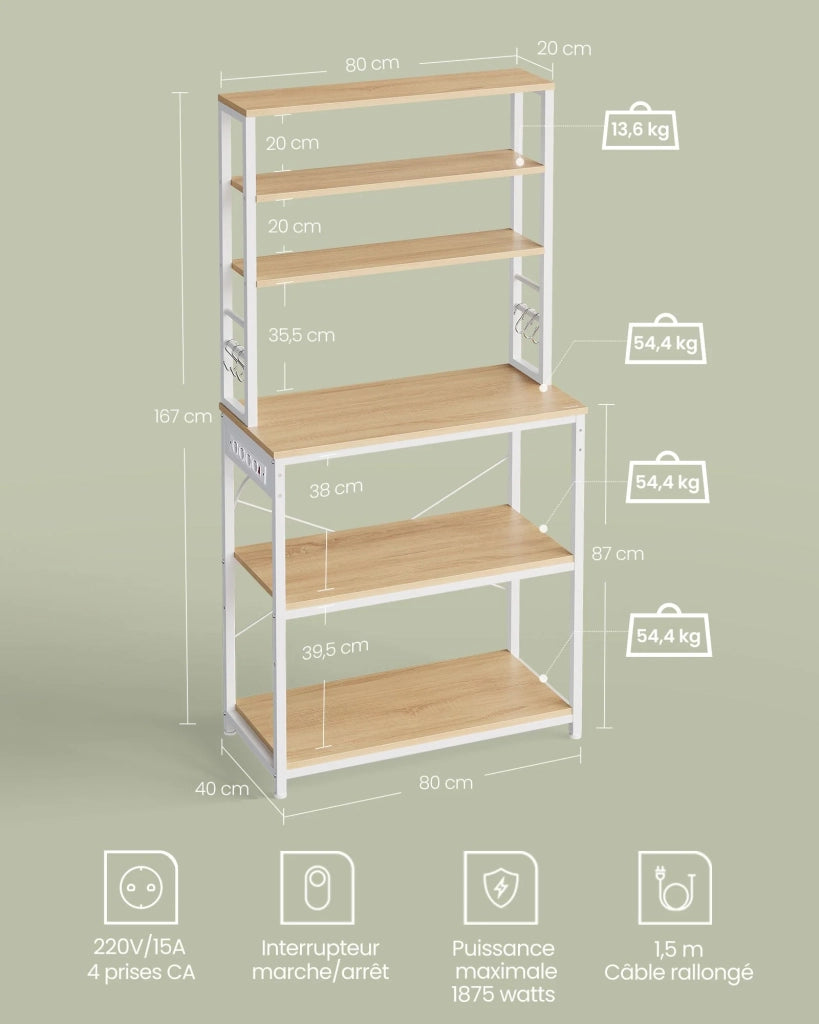 Mensola da cucina con multipresa mensola per macchina da caffè 6 ripiani 6 ganci per forno a microonde struttura in acciaio 40 x 80 x 167 cm bianco 12_0005662
