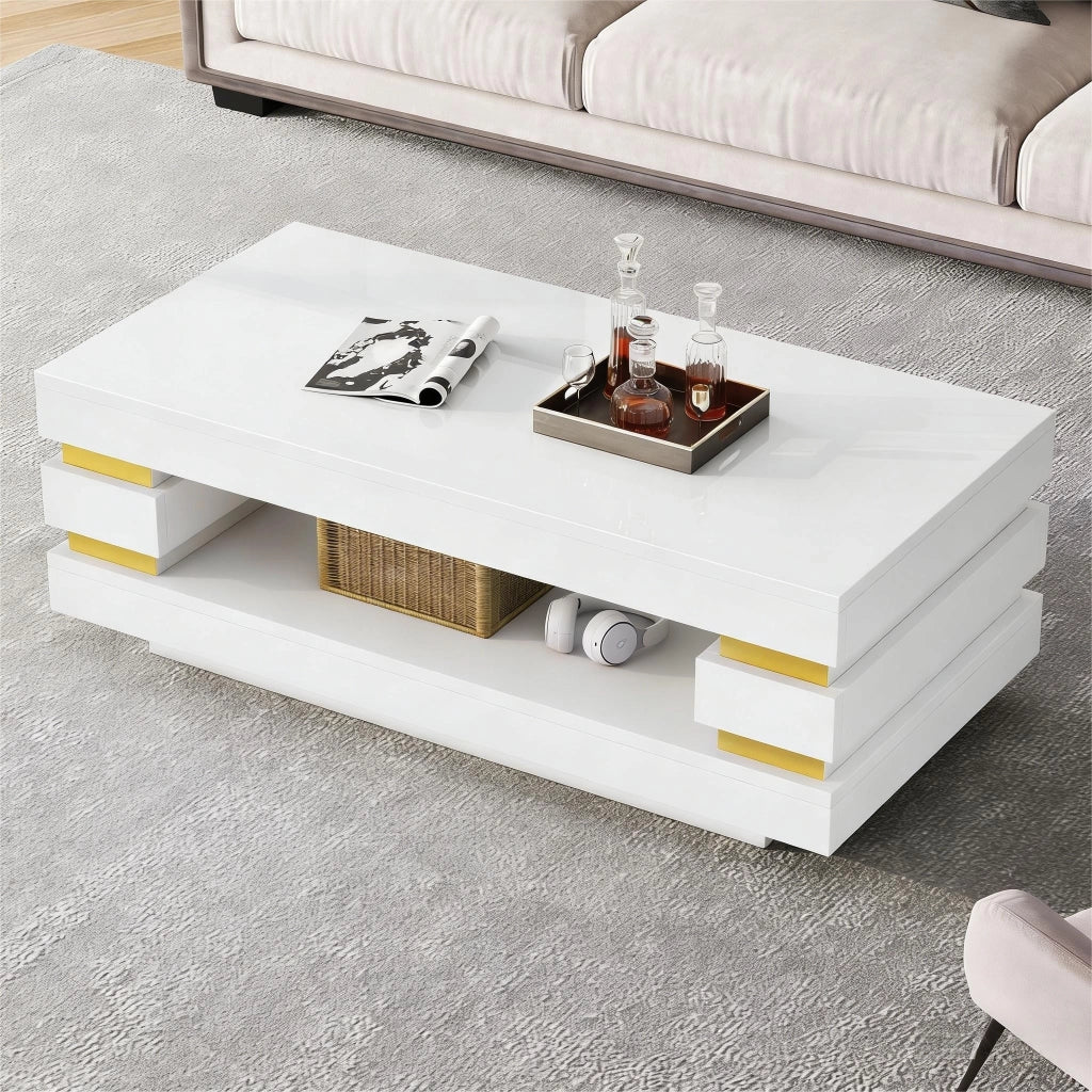 Tavolino lucido, 100 x 50 x 35 cm, design traforato, luci a LED, pannello truciolare, bianco