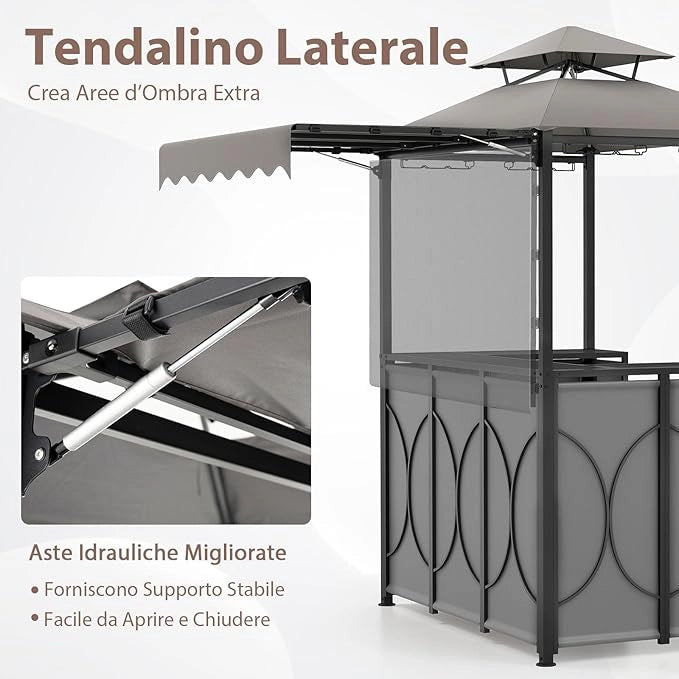 Gazebo per Barbecue, Pergola per BBQ con Tavolo Bar e 2 Sgabelli Bar Pieghevoli, Ripiani di Stoccaggio in Metallo, per Giardino e Cortile, 193 x 117 x 240 cm (Grigio)
