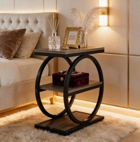 Tavolino laterale a 3 ripiani in MDF e metallo nero e grigio
