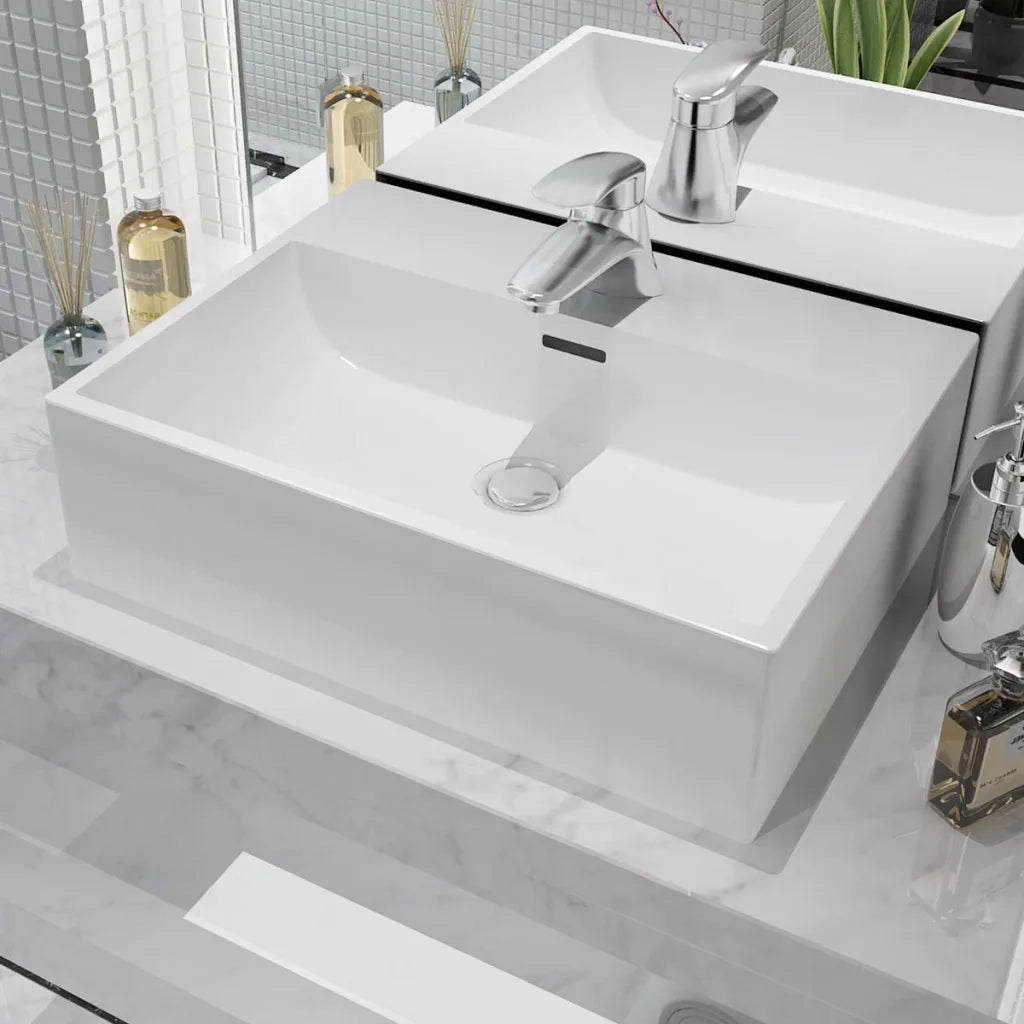 Lavandino con Foro Rubinetto in Ceramica-Lavabo-Lavello Bianca 51,5x38,5x15 cm