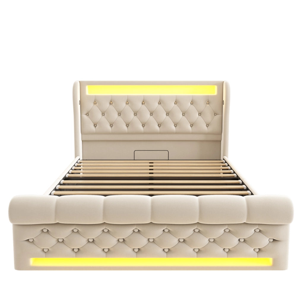 Letti contenitori 140x190 cm con LED; contenitore idraulico e USB Type C velluto beige (Senza materasso)