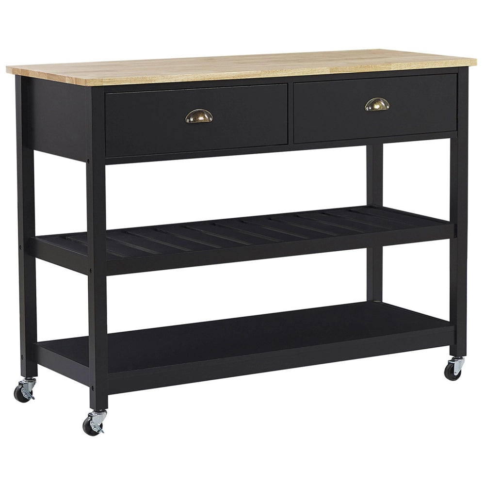 Carrello Cucina Nero Legno Chiaro Piano 2 Ripiani 2 Posate Cassetti Rotelle Scandinavo Moderno