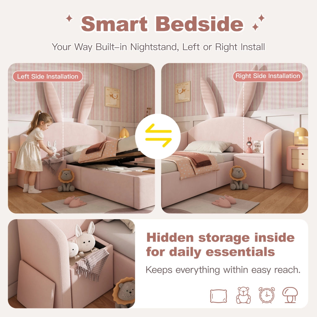 Letto per bambini 90 × 200 cm con testiera imbottita a orecchie di coniglio, contenitore laterale, senza materasso, rosa in velluto