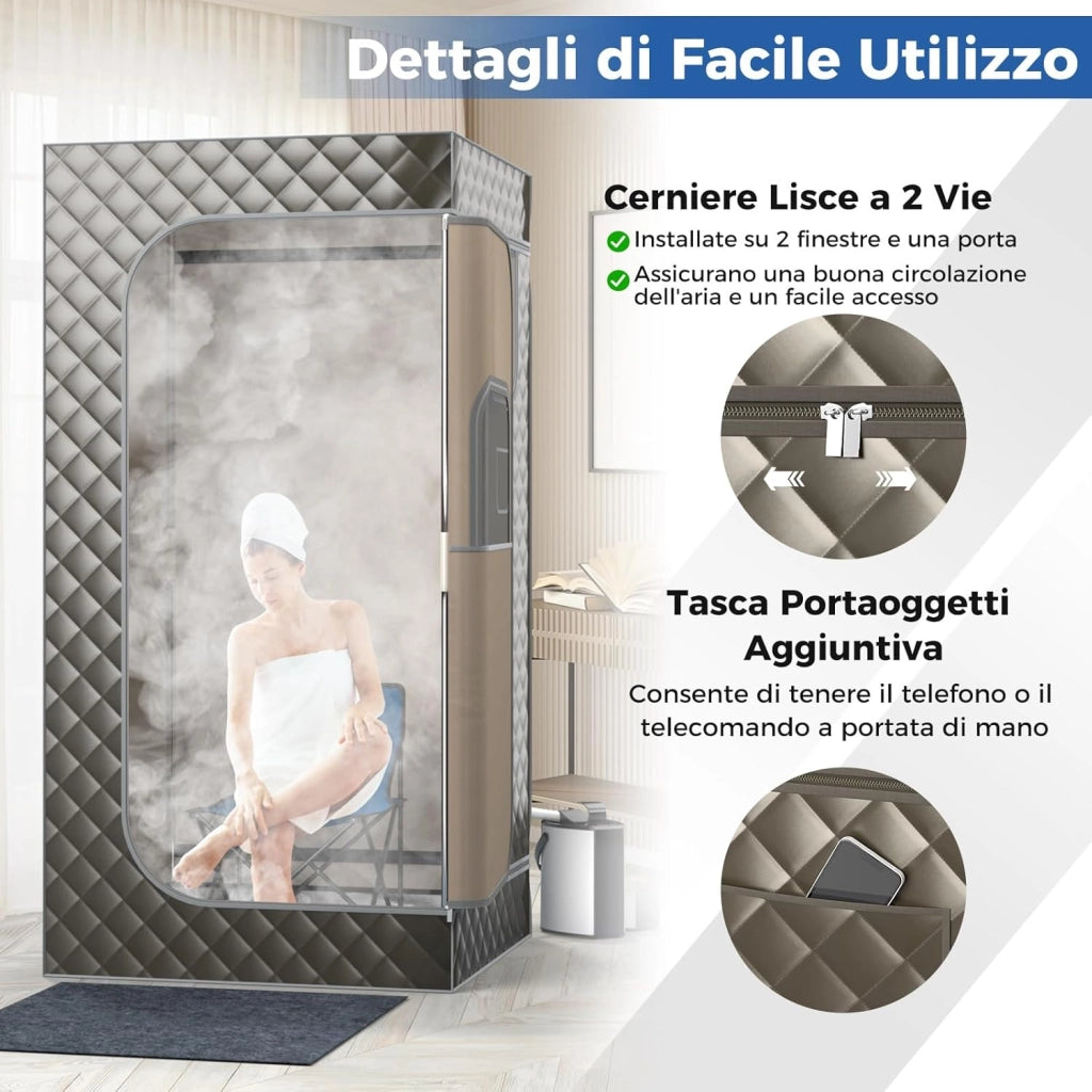Sauna a Vapore Portatile 3L, Sauna da Casa con 9 Livelli di Regolazione della Temperatura da 35-63℃, Telecomando, Sedia Pieghevole e Massaggiatore per Piedi in Legno (Grigio)