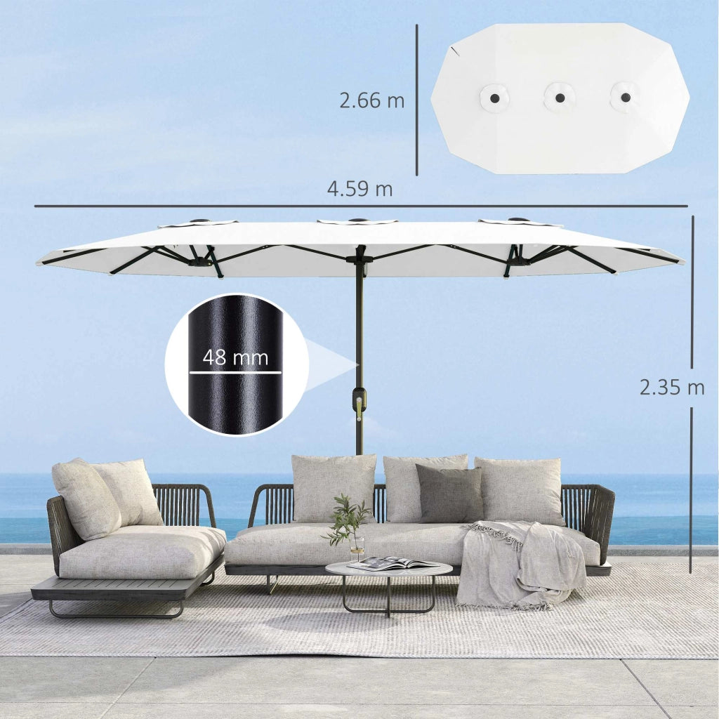 Ombrellone Doppio a 12 Stecche con Manovella, in Metallo e Poliestere, 4.6x2.7 m, Bianco