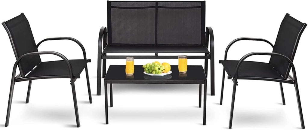 Set di 4 mobili da giardino per 4 persone, set da giardino con 2 sedie e 1 panca e 1 tavolino da caffè, set di mobili da terrazza per piscina, cortile (nero), QF54737IBDE