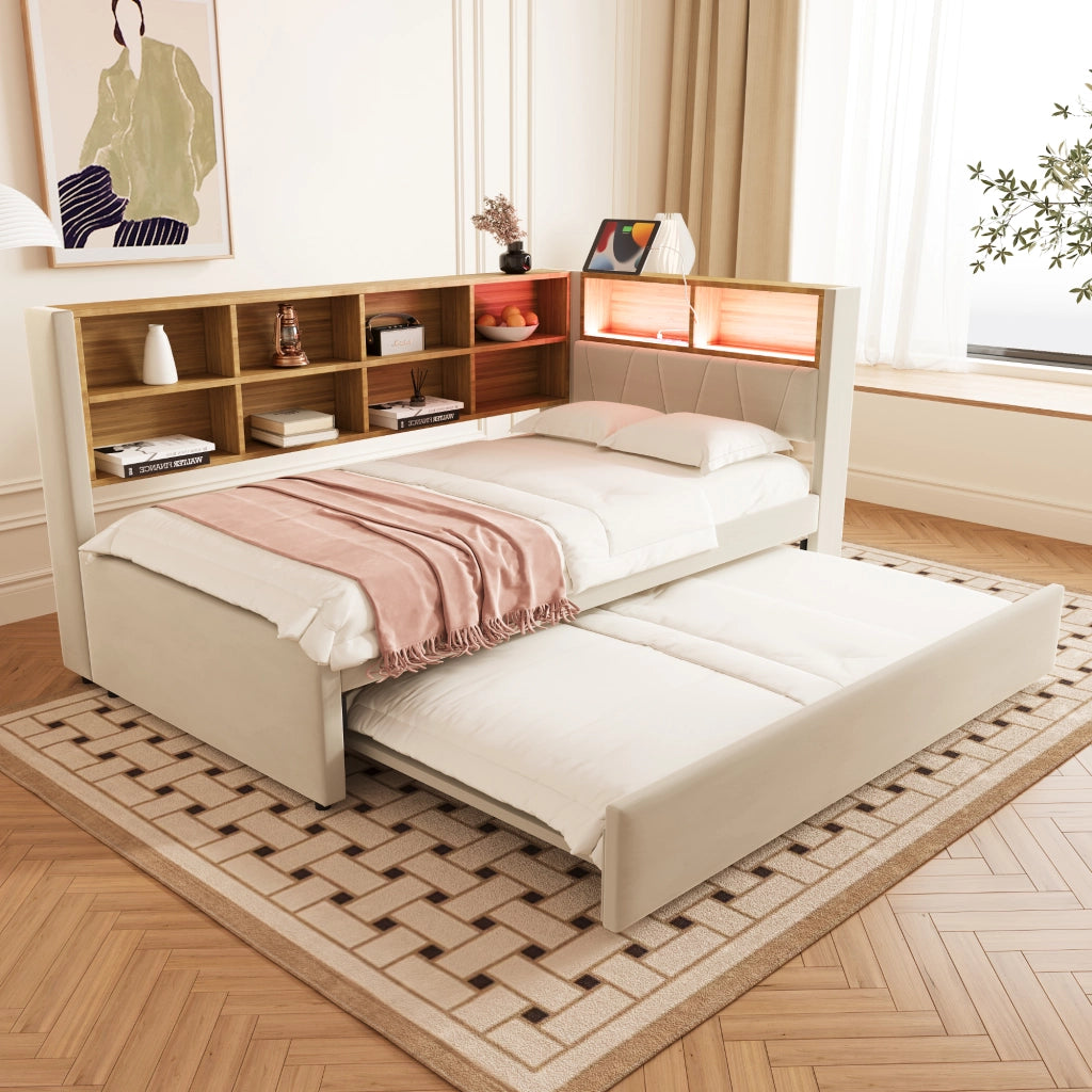 Divano letto imbottito con letto estraibile; LED; porte di ricarica e ripiani; flanella beige; 90x200 cm; senza materasso