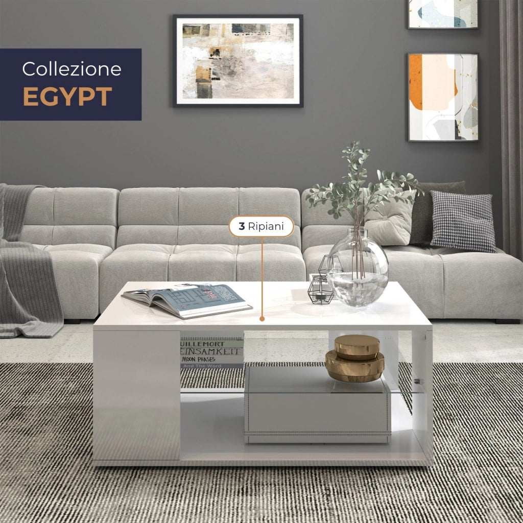 WHOUS Tavolino da caffè Egypt con ripiano in vetro bianco lucido 90x60x40 cm