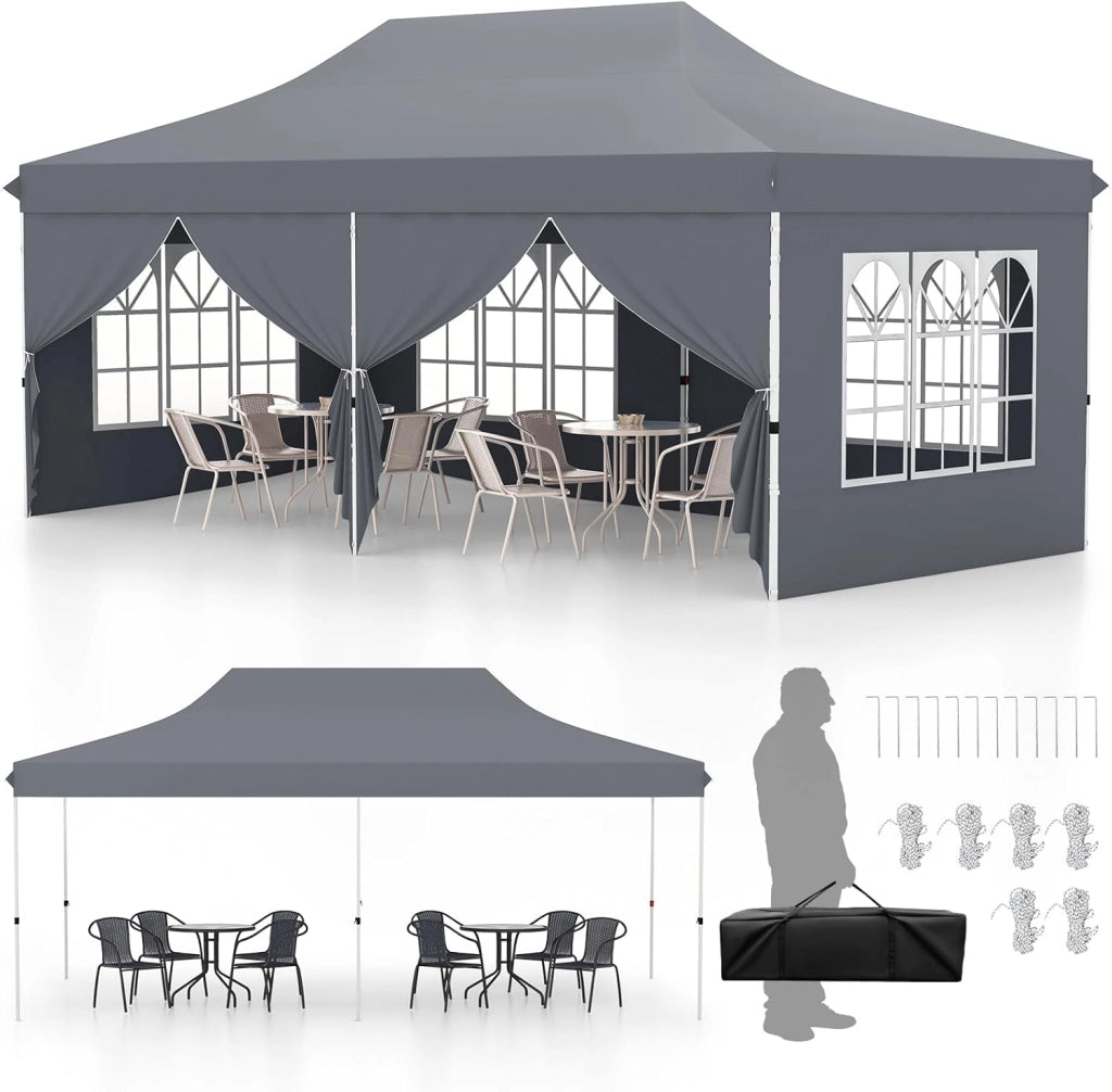 Gazebo da Giardino 3 x 6 m, Tendone per Feste con 6 Pannelli Laterali Rimovibili, con Borsa da Trasporto, Design Pop-up, per Matrimonio Eventi e Barbecue (Nero)