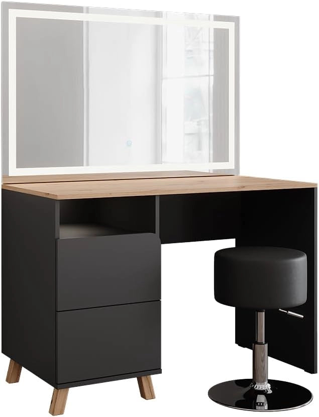 Tavolo da toeletta Karen, Antracite/Artisan, 110 cm con sgabello e specchio LED, Materiali robusti per un utilizzo duraturo