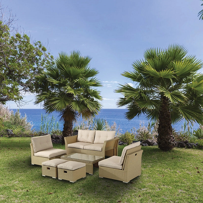 Set Salotto da Giardino in Rattan Divano 2 Poltrone 2 Poggiapiedi e Tavolino Kraus Tintoretto