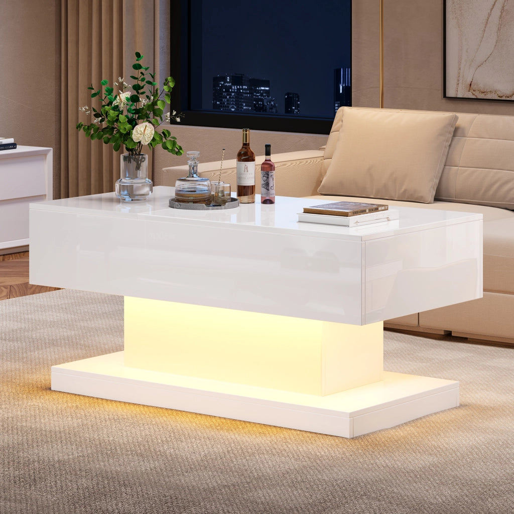 Tavolino da caffè 100x50x45 cm; piano sollevabile e scorrevole con LED; truciolare bianco