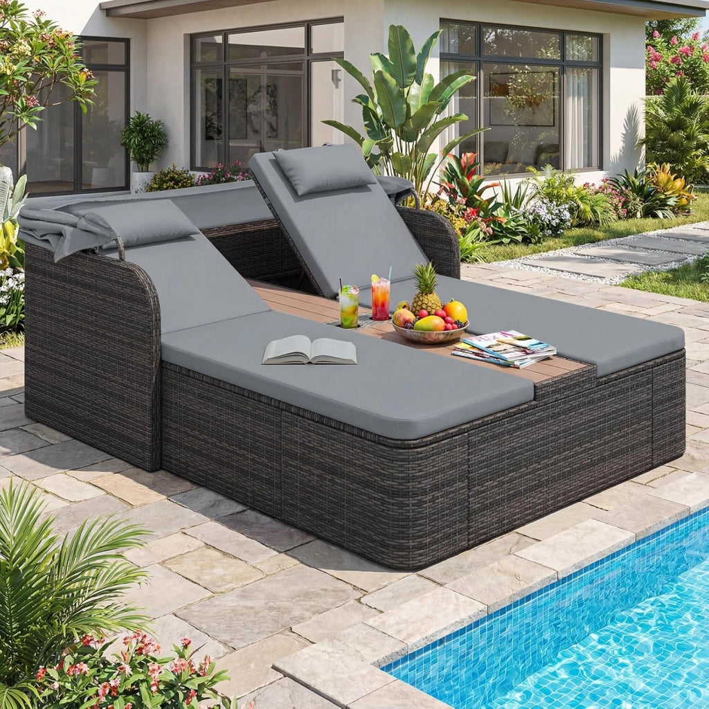 Letto Prendisole Matrimoniale per 2 Persone, Lettino da Giardino in Rattan con Tetto Retrattile e Schienali Regolabili, Isola Prendisole con Tavolino e Portabicchieri per Relax (Grigio)