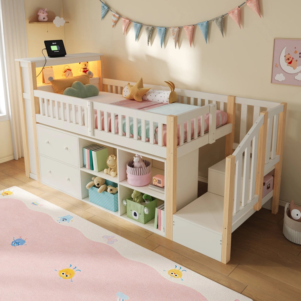 Letto rialzato per bambini 90x200 cm con cassetti; vani portaoggetti; scala contenitore e LED; bianco