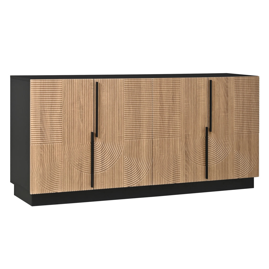 Credenza, mobile contenitore, ante con rilievi, maniglie in metallo, pannelli in truciolato + MDF, colore naturale e nero