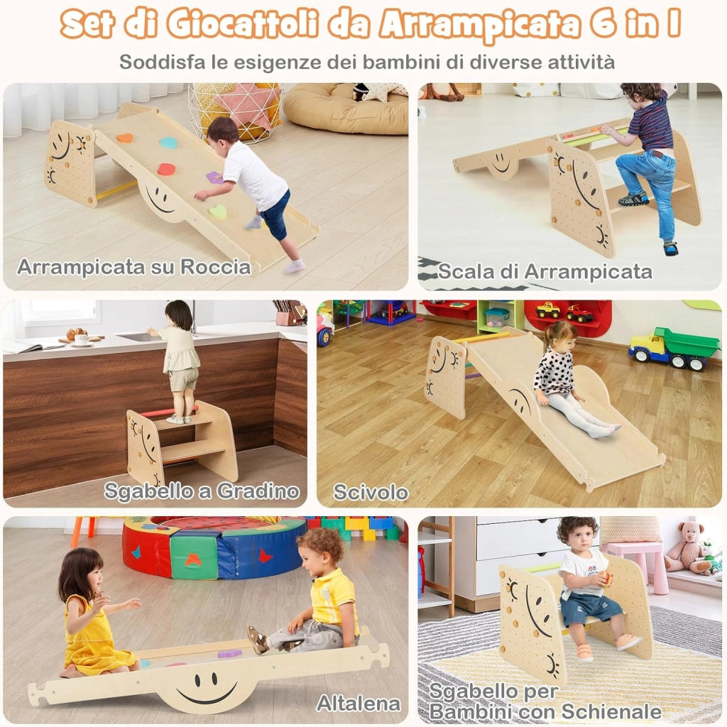 6 in1 Set Arrampicata per Bambini, Giocattoli da Arrampicata in Legno con Rampe Reversibili, Altalena, Sgabello Regolabile in Altezza, Scala da Arrampicata per Bambini 3+ Anni