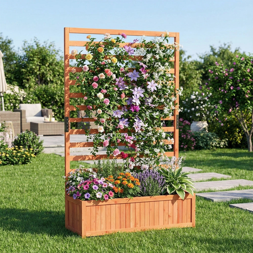 Letto da giardino rialzato in legno con traliccio verticale fodera e drenaggio-Fioriera elevata per interno esterno patio balcon Arancione