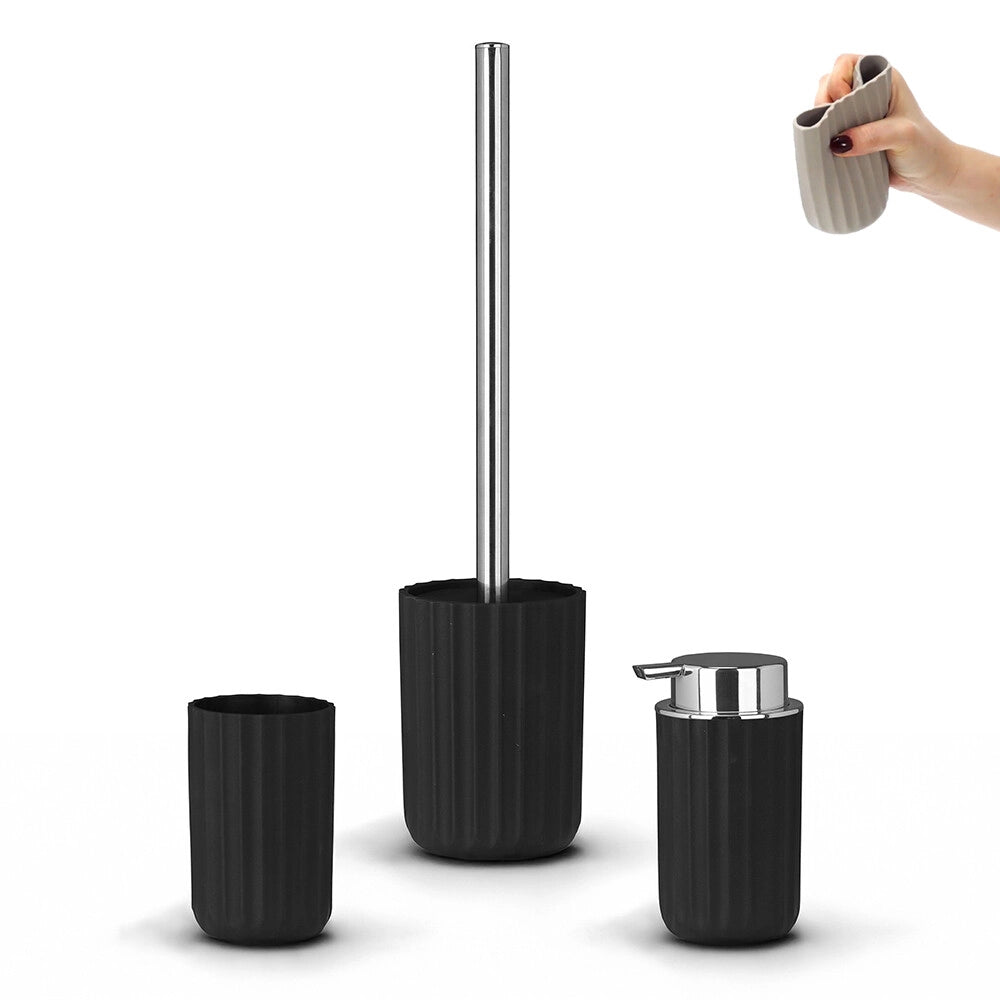 Set accessori bagno da 3 pezzi in gomma termoplastica nera - Gummy