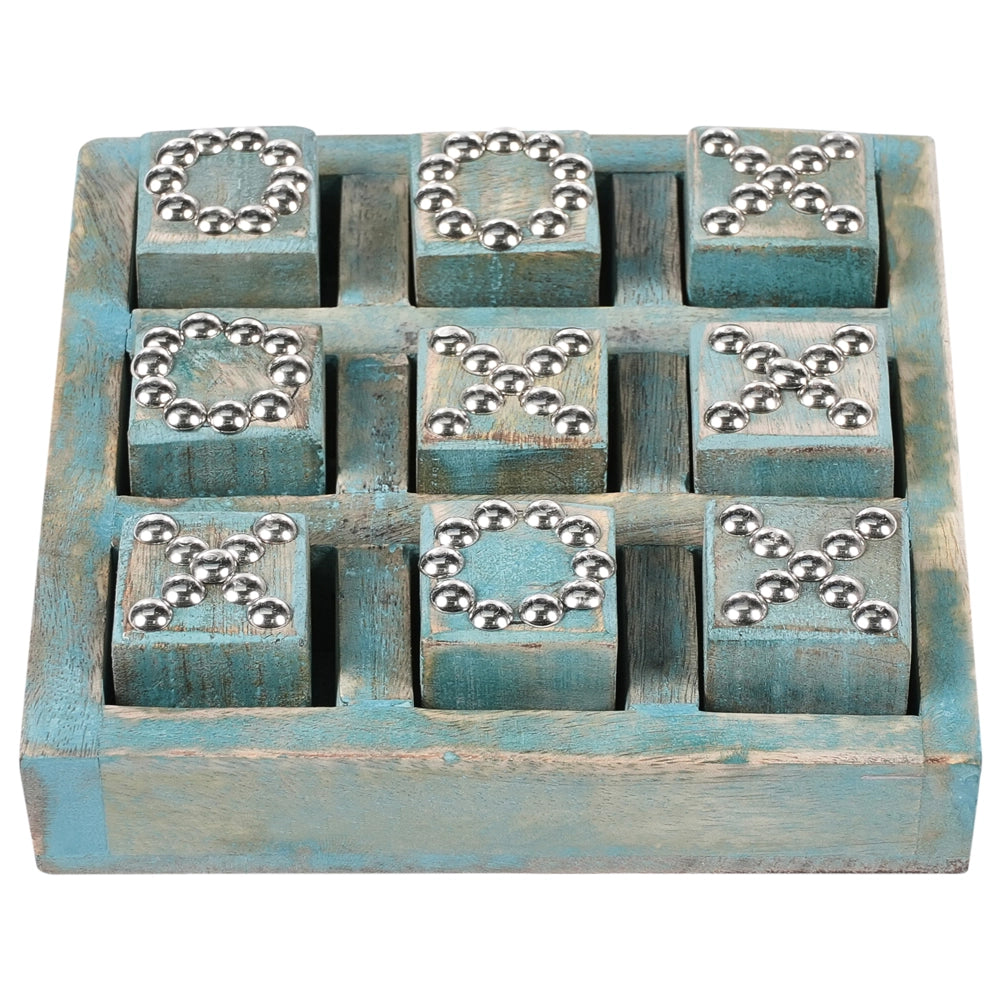 Gioco del tris da tavola blu Accessorio decorativo in legno di mango Soggiorno