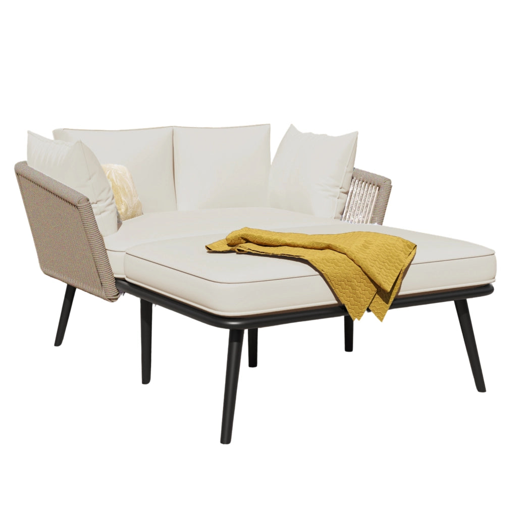 Divano da giardino con 2 cuscini e 2 imbottiture, tessuto beige + corda color cachi, cuscini sfoderabili e lavabili