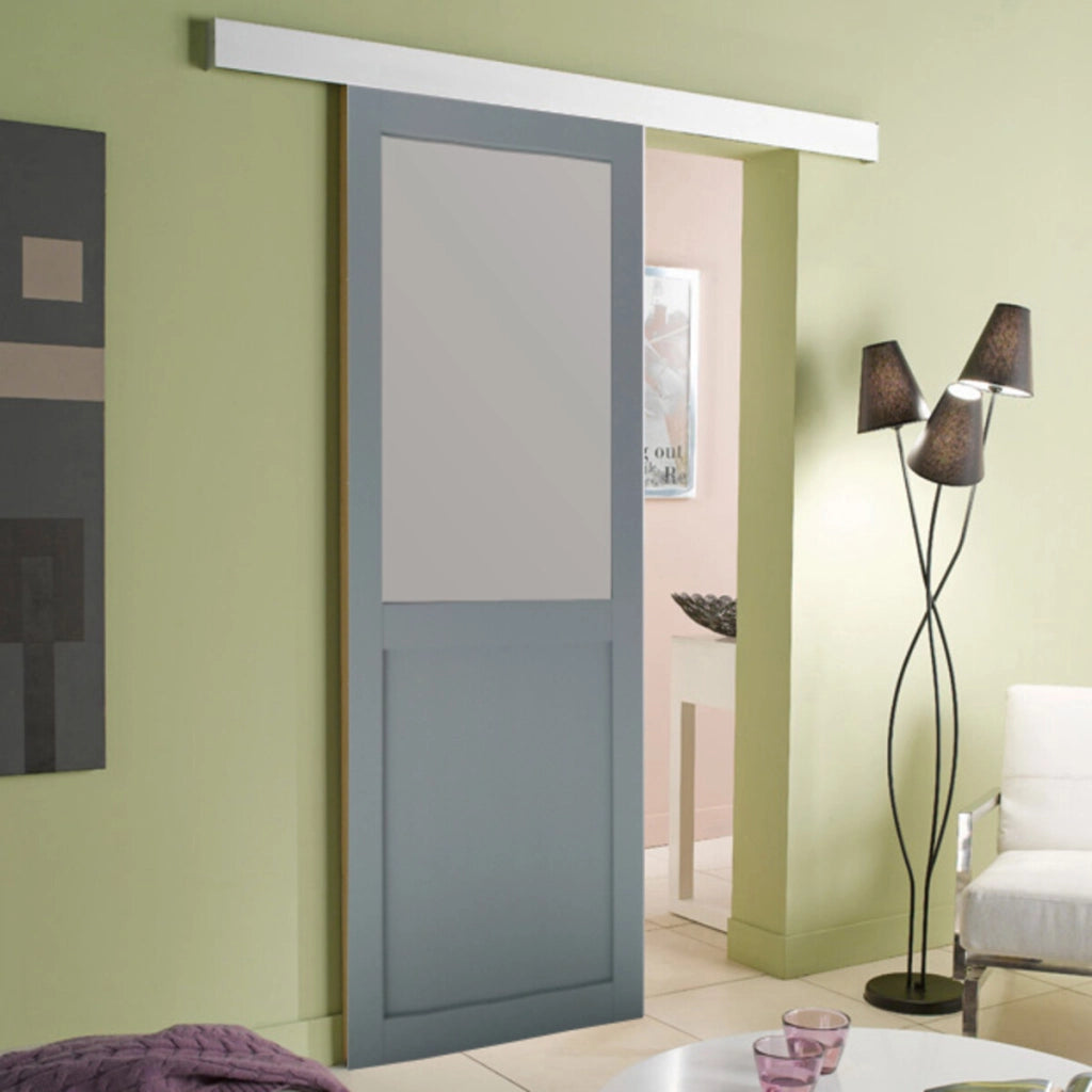 Porta scorrevole Athena Style Atelier En Enrobe Gris Clair Largeur 73 + Rail Alu Bandeau blanc
