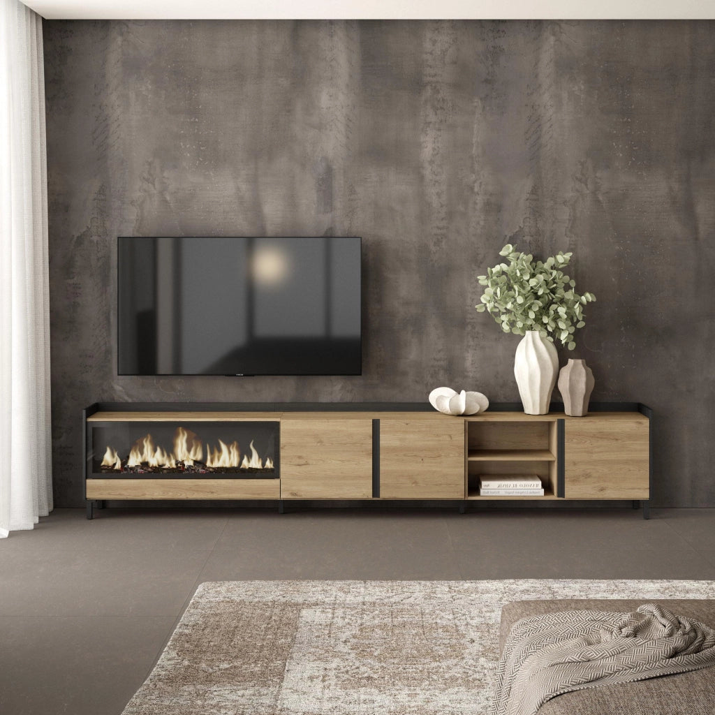Mobile TV Soggiorno, 315x61x35 cm, Per TV fino a 80", Camino elettrico XXL, Design industriale, Rovere e nero