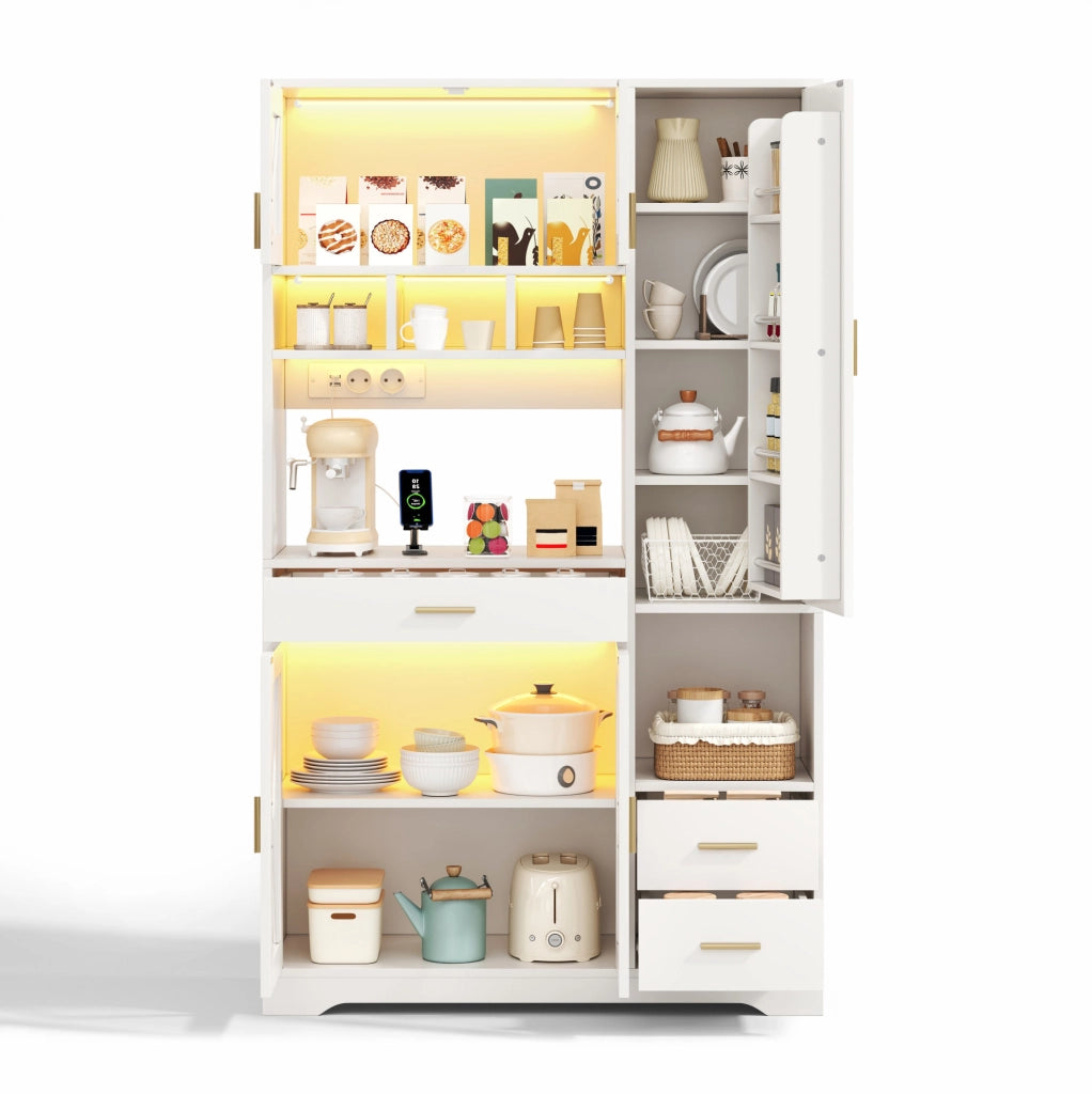Colonna da cucina 105x40x185 cm in MDF bianco, stile rustico, con LED e prese