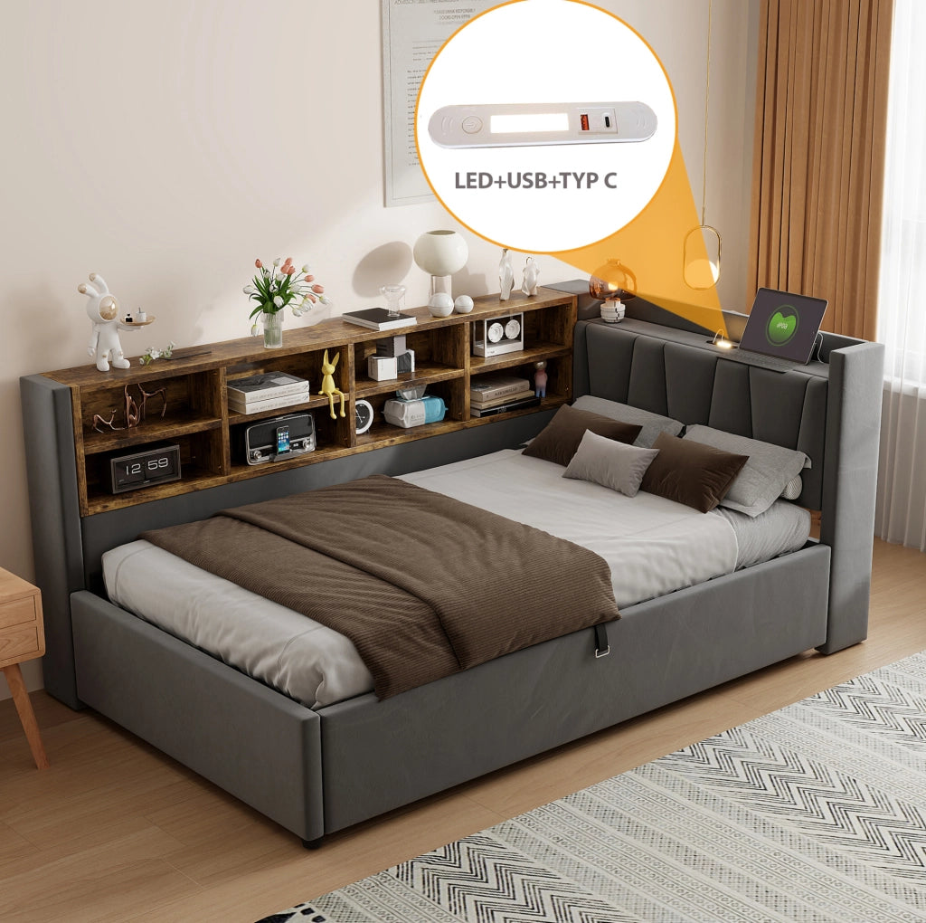 Letto imbottito 90x200 cm grigio in velluto con contenitore idraulico; luci e prese USB/Type-C