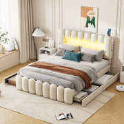 Letto imbottito con LED e stereo - Zephmum- 160x200cm- Beige- 4 cassetti