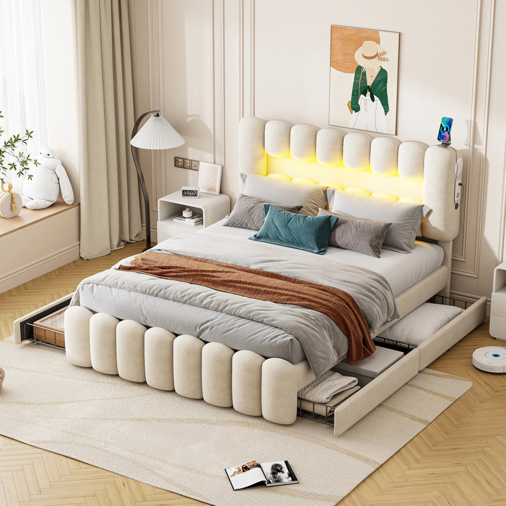 Letto imbottito con LED e stereo - Zephmum- 160x200cm- Beige- 4 cassetti