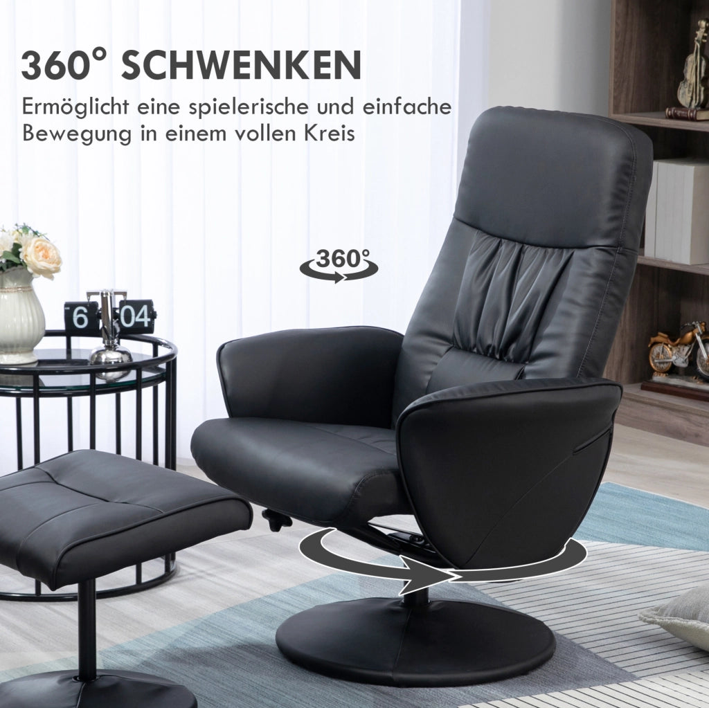 Poltrona relax girevole con pouf in ecopelle nera