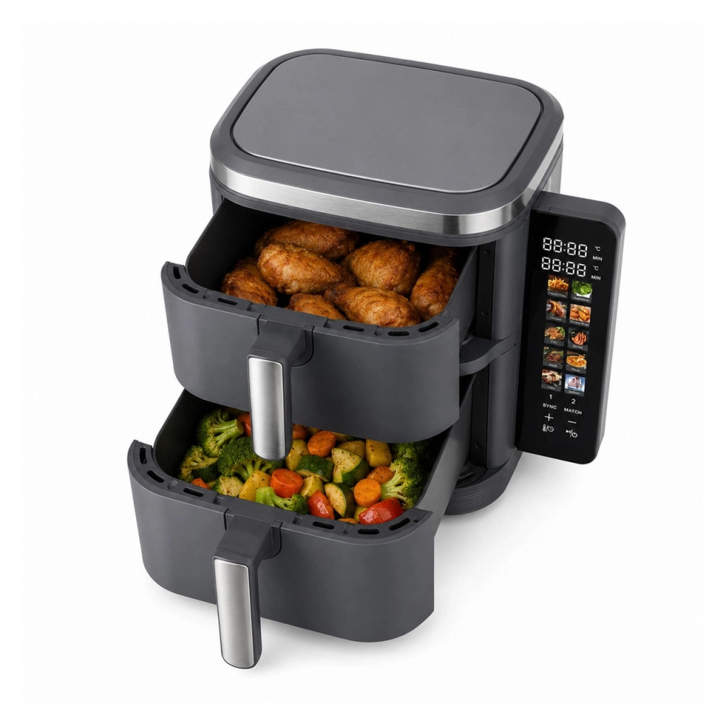 Friggitrice ad Aria 11 Litri Doppio Cestello 2800W, 5,5+5,5L con Separatori, 4 Piani di Cottura, Display LED Touch Richiudibile, 12 Programmi, Doppia Cottura Indipendente, Timer, 60-200°C
